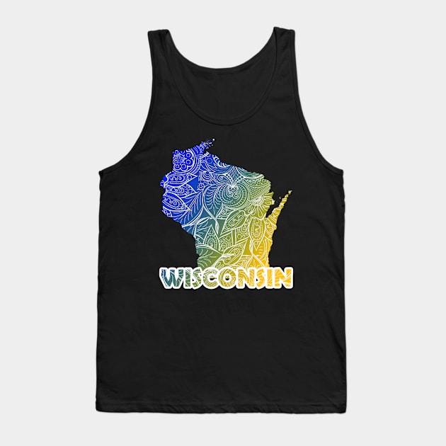 Colorful mandala art map of Wisconsin with text in blue and yellow Tank Top by Happy Citizen